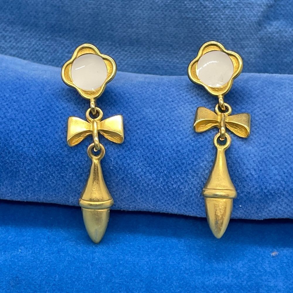 enamel gold bow drop earrings